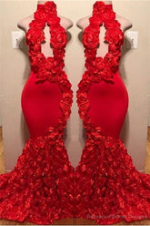 New Arrival Red Keyhole Mermaid Flowers Halter Sleeveless Long Prom Dresses